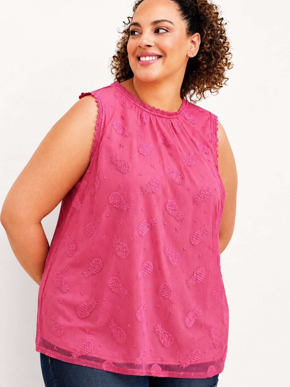 Torrid Sleeveless Pineapple Embroidered Mesh Tank Top In Pink - Size 00